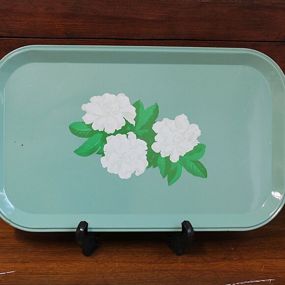 Vintage Tin Litho Serving TV Tray, Jade, Mint, Green, Camellia Blossom Design - Picture 1 of 14